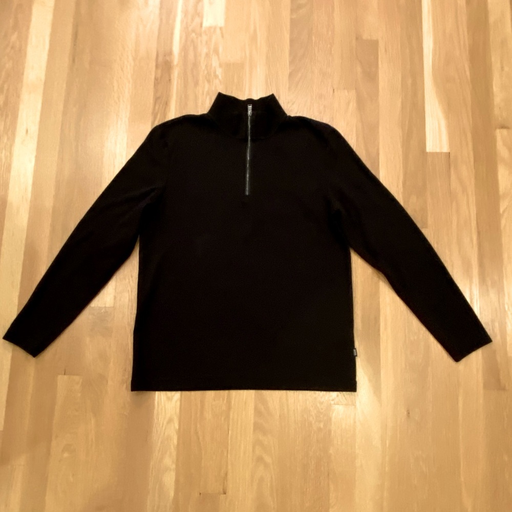 Boss Hugo Boss Mens 1/4 Zip Pullover / Black Ribbed Cotton Sweatshirt  / Size L